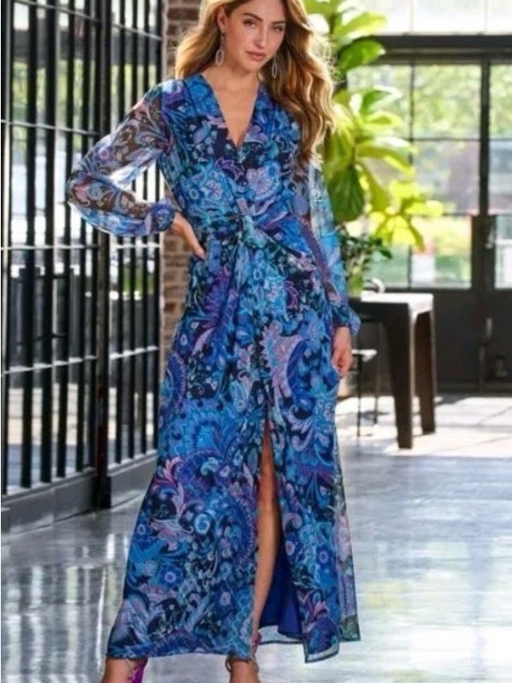 Boston Proper Blue Paisley Maxi Dress with Front Slit